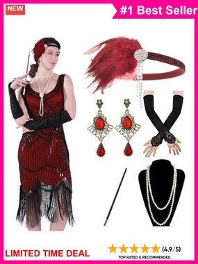 1920s Flapper Dress Sequin Fringe Costume Set with Accessories
